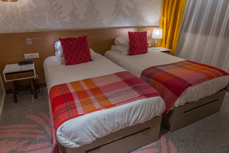 ClubMed Les Arcs Panorama, Les arcs, France - 15.02.2022 : Hotel room for two person. Panorama hotel, France. High quality photoのeditorial素材