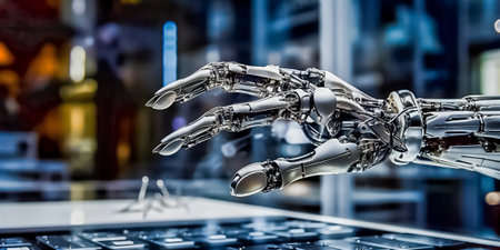 Robot hand ai artificial intelligence assistance work with computer display, crystal office background. Generative AI.の素材