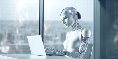 Beautiful humanoid android cyborg, insta womans working on laptop at day in crystals lights office. Generative AI.の素材