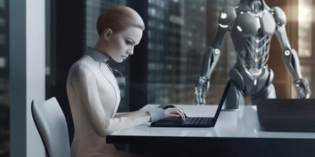 Beautiful humanoid android cyborg, insta womans working on laptop at day in crystals lights office. Generative AI.の素材