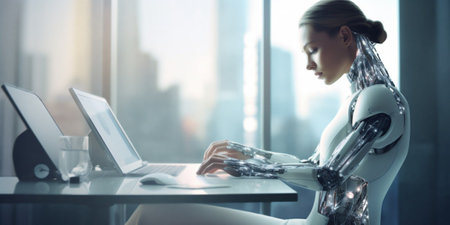 Beautiful humanoid android cyborg, insta womans working on laptop at day in crystals lights office. Generative AI.の素材