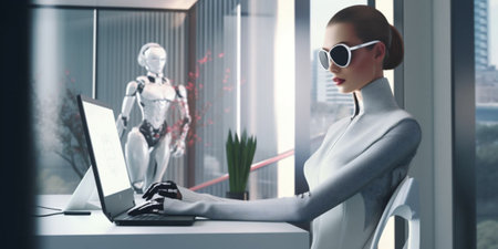 Beautiful humanoid android cyborg, insta womans working on laptop at day in crystals lights office. Generative AI.の素材