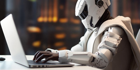 Manhumanoid android cyborg, insta man working on laptop at day in crystals lights office. Generative AI.の素材