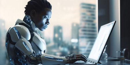 Manhumanoid android cyborg, insta man working on laptop at day in crystals lights office. Generative AI.の素材