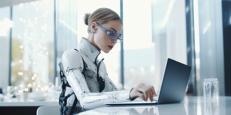 Beautiful humanoid android cyborg, insta womans working on laptop at day in crystals lights office. Generative AI.の素材