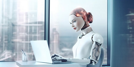 Beautiful humanoid android cyborg, insta womans working on laptop at day in crystals lights office. Generative AI.の素材