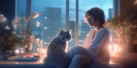 Insta young man Influencers with cat. Generative AIの素材