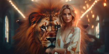Fashion woman Influencers with charming lion. Generative AIの素材