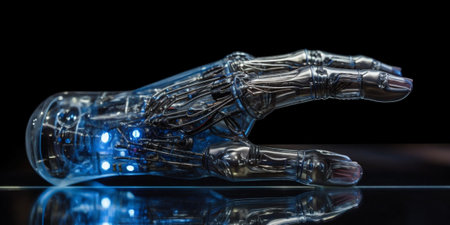 Robot hand as computer mouse, ai artificial intelligence assistance work with computer display, crystal office background. Generative AI.の素材