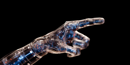 Robot hand on the black background, ai artificial intelligence assistance work with computer display, crystal office background. Generative AI.の素材