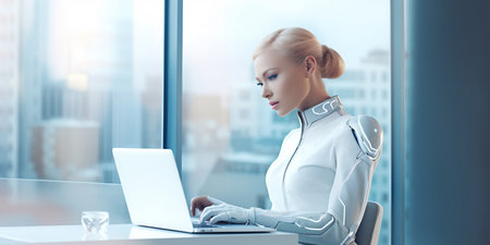Beautiful fashion model woman work with humanoid android cyborg, insta young woman working on laptop at day in crystals lights office. Generative AI.の素材