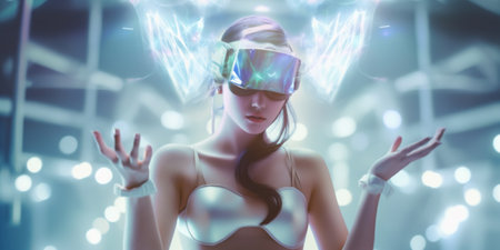 Young beautiful woman in glasses of Virtual Reality on crystal background. Future technology concept. AI concept. Generative AI.の素材