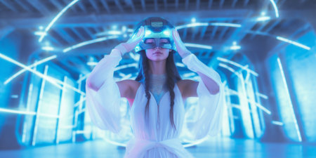 Young beautiful woman in glasses of Virtual Reality on crystal background. Future technology concept. AI concept. Generative AI.の素材