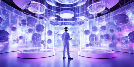 Young man with virtual reality VR goggle. Metaverse digital cyber world future technology....