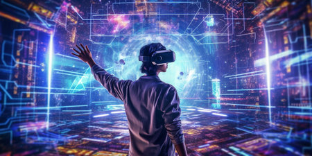 Young man with virtual reality VR goggle. Metaverse digital cyber world future technology. Futuristic 3d glasses with virtual projection. Neon light. Gamer. Generative AI.の写真素材