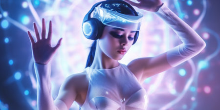 Young woman model with virtual reality VR goggle. Metaverse digital cyber world future technology. Futuristic 3d glasses with virtual projection. Neon light. Gamer. Generative AI.の素材
