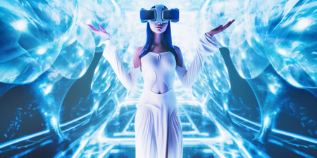 Young woman model with virtual reality VR goggle. Metaverse digital cyber world future technology....