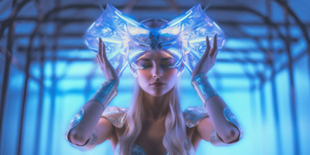 Young woman model with virtual reality VR goggle. Metaverse digital cyber world future technology. Futuristic 3d glasses with virtual projection. Neon light. Gamer. Generative AI.の素材