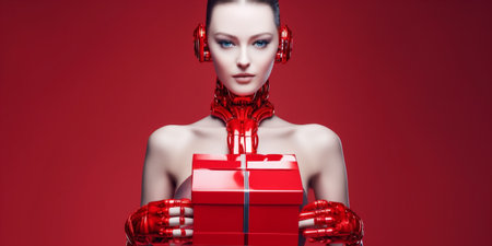 Beautiful happy woman model humanoid android cyborg, giving a red box gift on holiday event, christmas background, new years holidays, AI Generatedの素材