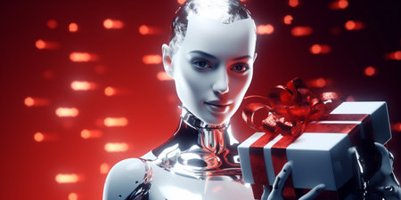 Beautiful happy woman model humanoid android cyborg, giving a red box gift on holiday event, christmas background, new years holidays, AI Generatedの素材