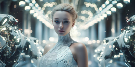 Beautiful female cyber fashion robot on the space winter christmas background. Artificial Intelligence. Quantumcomputer. space concept. Generative AIの素材