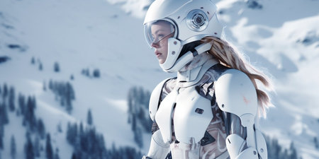 Beautiful female cyber fashion robot on the snow mountains background, banner. Artificial Intelligence. Quantumcomputer. Tourism in the alps, winter holidays concept. Generative AIの素材