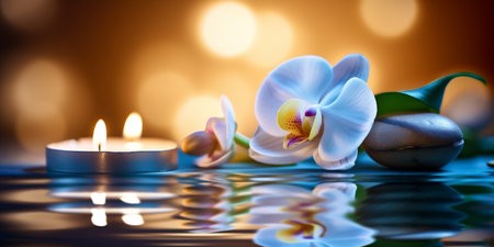 Spa still life background. Candles and orchid flower on the water background. Generative AI.の素材