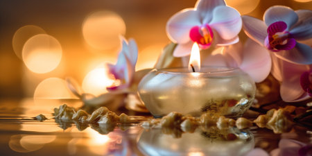 Spa still life background. Candles and orchid flower on the water background. Generative AI.の素材