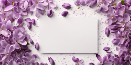 Blank white card in the center, surrounded by lilac petals, white background top view. AI Generated.の写真素材