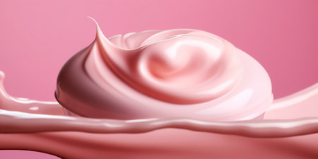 Pink brightening moisturizer cream in cosmetic box floating on the cream background. Beauty lotion fluttering explosion, splash explosion droplet. Isolated background. Generative AI.の写真素材