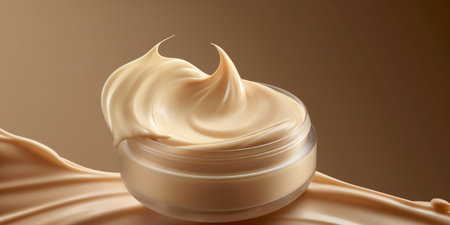 Golden brightening moisturizer cream in cosmetic box floating on the cream background. Beauty lotion fluttering explosion, splash explosion droplet. Isolated background. Generative AI.の写真素材