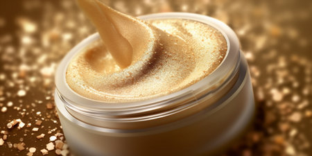 Golden glittering moisturizer cream in cosmetic box floating on the cream background. Beauty lotion fluttering explosion, splash explosion droplet. Isolated background. Generative AI.の写真素材