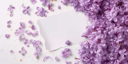 Blank white card in the center, surrounded by lilac petals, white background top view. AI Generated.の写真素材