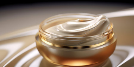 Golden brightening moisturizer cream in cosmetic box floating on the cream background. Beauty lotion fluttering explosion, splash explosion droplet. Isolated background. Generative AI.の写真素材