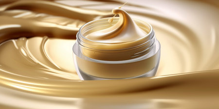 Golden brightening moisturizer cream in cosmetic box floating on the cream background. Beauty lotion fluttering explosion, splash explosion droplet. Isolated background. Generative AI.の写真素材