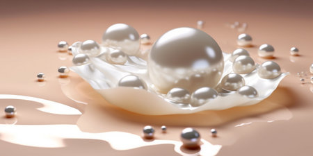 Pearl Necklace Wedding background, pearls on the water sea background. Luxury wedding background. Generative AI.の写真素材