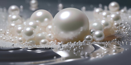 Pearl Necklace Wedding background, pearls on the water sea background. Luxury wedding background. Generative AI.の写真素材