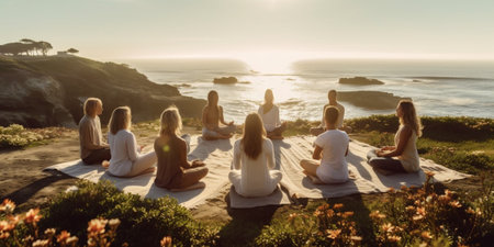 Group of females doing yoga exercise on the beach. Young healthy women practicing yoga in the morning, active fit lifestyle concept. International Yoga Day. Generative AIの写真素材