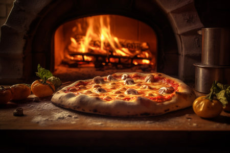 Making really Italian Pizza in the Traditional Firewood Stone Wood Fired Pizza Oven. Generative AI.の写真素材