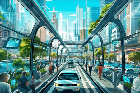 Futuristic smart green city concept, smart cars with automatic sensor driving on green road with wireless connection. AI Generative.の写真素材