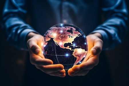 Businessman hands holding blue earth. Global networking connection including business, finance, banking, shopping online and social media, technology, communication concept. Generative AI.の写真素材