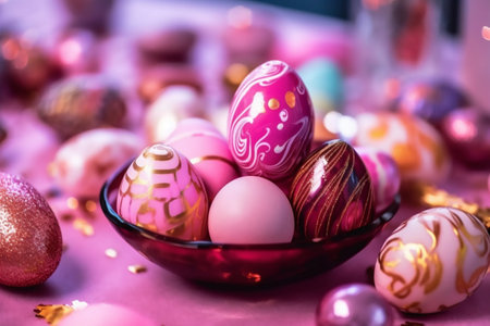 Beautiful colorful composition with chocolate easter eggs richly luxuriously decorated on a crystal surface and pink colors. Generative AI. High quality illustrationの写真素材