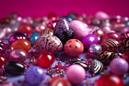 Beautiful colorful composition with chocolate easter eggs richly luxuriously decorated on a crystal surface and pink colors. Generative AI. High quality illustrationの写真素材