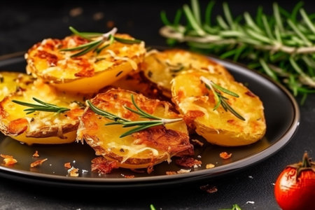 Crushed potatoes baked with rosemary in a plate on a dark background. Generative AI. High quality illustrationの写真素材