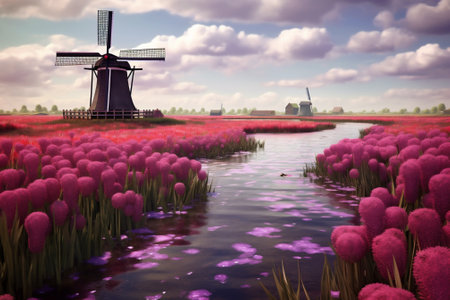Traditional Netherlands Holland dutch scenery with windmill along a canal and tulips, Netherlands. Generative AI. High quality illustrationの写真素材