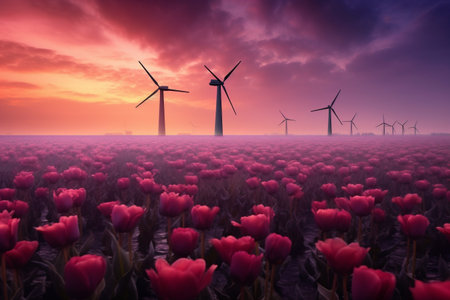 Wind turbines on a Traditional Netherlands Holland dutch scenery along a canal and tulips, Netherlands. Generative AI.の写真素材