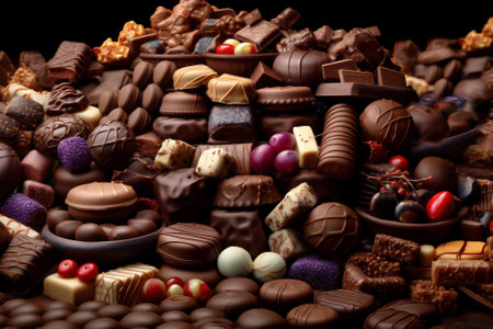 A lot of fine chocolate candies on the table. White, dark, and milk chocolate. Topview. Generative...