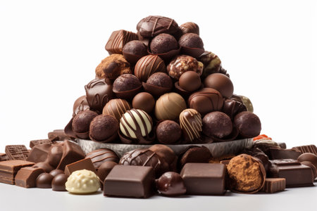 A lot of fine chocolate candies on the table. White, dark, and milk chocolate. Topview. Generative AI. High quality illustrationの写真素材
