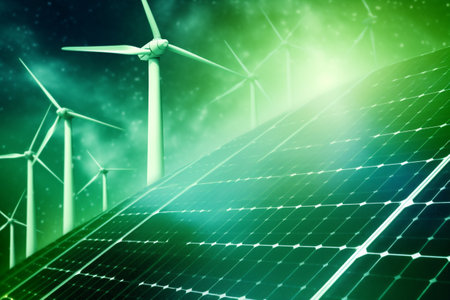 Renewable energy banner background with green energy as wind turbines and solar panels, space for text, AI Generative. High quality illustrationの写真素材