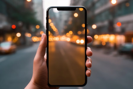 Close up men using a smartphone with an empty screen, city. Space for social media lifestyle advertising. Generative AI. High quality illustrationの写真素材